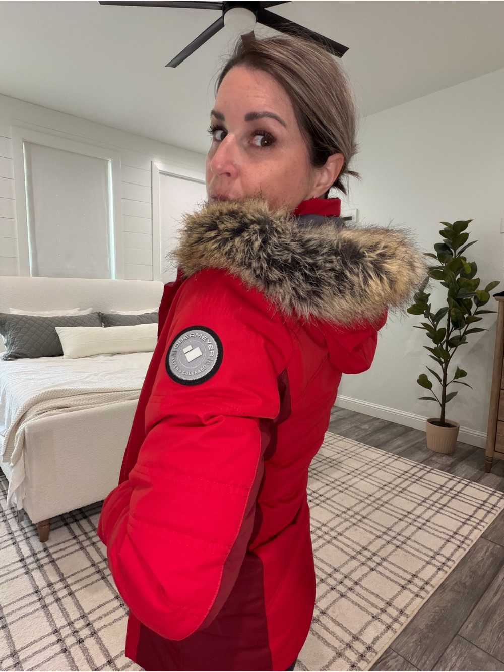 Obermeyer Red Ski Jacket with Faux Fur Trim